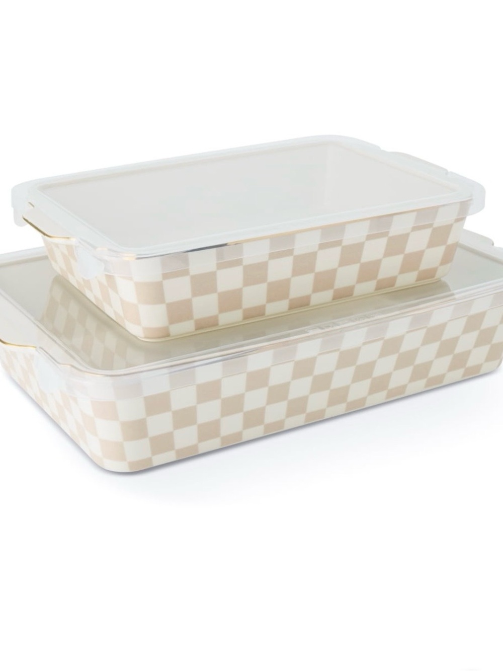 Thyme & Table Checkered Beige Checkered Ceramic Bakeware Set with Clear Lids